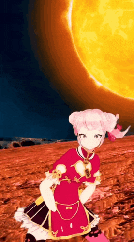 a girl in a red dress stands in front of the sun