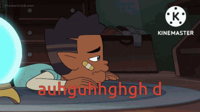 a cartoon character laying on the floor with the words auhguhhghghd in red letters