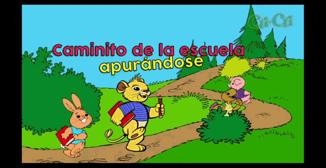 a cartoon of a lion carrying a book and the words caminito de la escuela