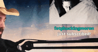 a man in a cowboy hat is holding a sword with the words fatplickingmoron just subscribed