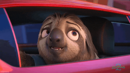 a cartoon sloth is looking out of a car window