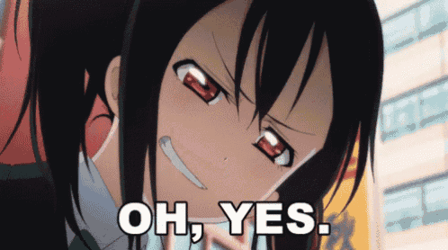 a girl with red eyes is smiling with the words oh yes behind her