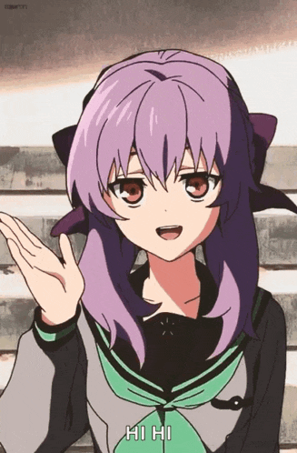 a girl with purple hair is waving her hand with the words hi hi below her