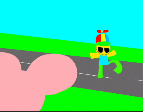 a cartoon character wearing a hat and sunglasses is walking down the road