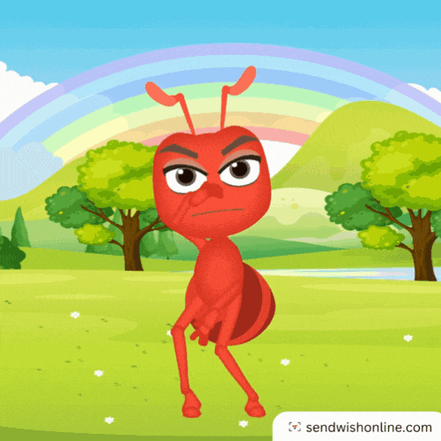 a cartoon illustration of a red ant standing in a field with trees and a rainbow in the background