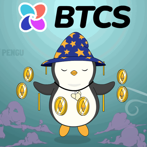 a penguin wearing a wizard hat is holding a bunch of coins in front of the btcs logo
