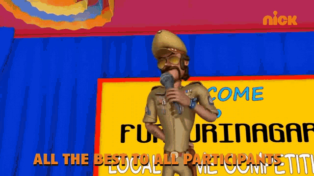 a cartoon of a police officer speaking into a microphone in front of a sign that says all the best to all participants