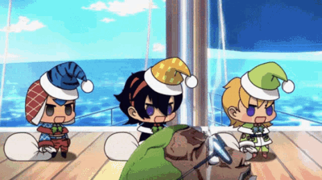 three cartoon characters wearing santa hats are standing on a boat near the ocean .