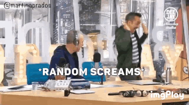 two men are sitting at a table with the words random screams written on it