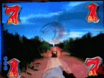 a video game screen shows a car driving down a road with the number 7 in the middle