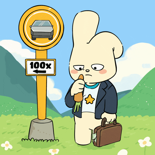 a cartoon rabbit is eating a carrot in front of a 100x sign