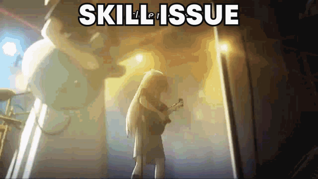 a girl playing a guitar with the words skill issue written above her