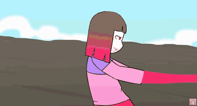 a cartoon drawing of a girl with pink hair and a purple shirt