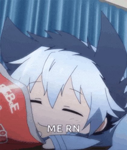 a cartoon character with a cat ear is laying down and says mern