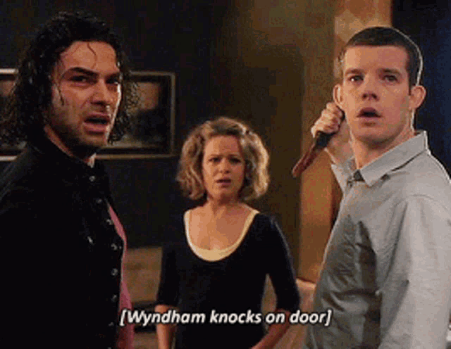 a man holding a knife with the words wyndham knocks on door above him