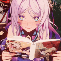 a girl with purple hair is reading a book with a picture of a horse on it