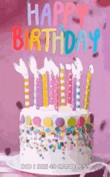 a birthday cake with candles and sprinkles on it is on a plate .