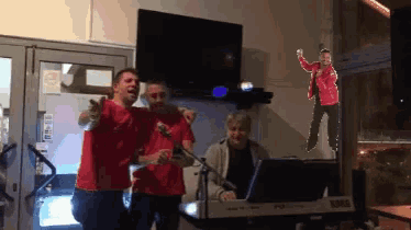 a group of men singing in front of a keyboard that says korg