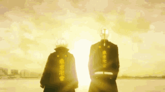 two anime characters are standing next to each other with chinese writing on their jackets