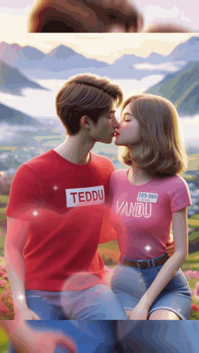 a man and a woman kissing with the man wearing a t-shirt that says teddy