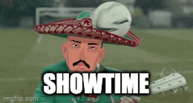 a man with a sombrero on his head is holding a guitar and the word showtime is above him