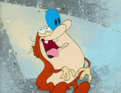 a cartoon character with a blue eye is laughing with his mouth wide open