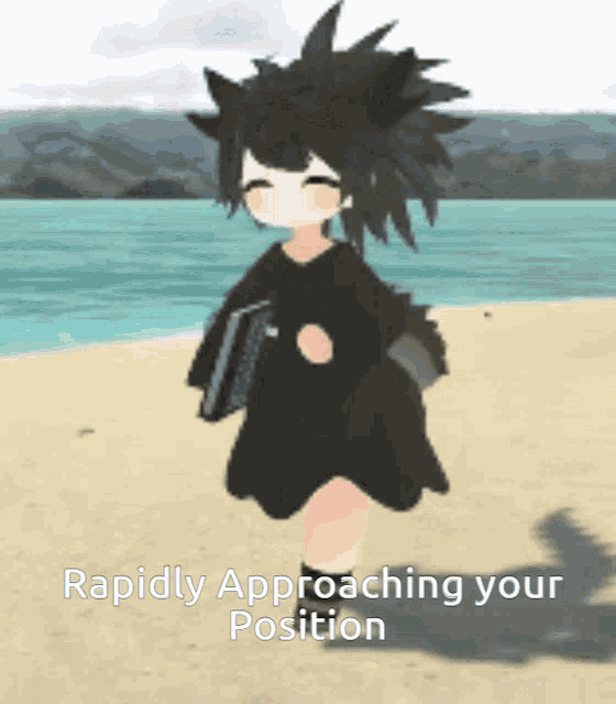 a girl in a black dress is standing on a beach with the words rapidly approaching your position below her