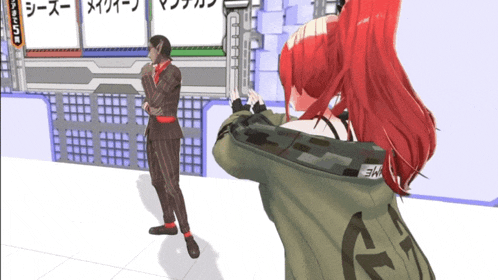 a man in a suit stands next to a woman with red hair in front of a sign that says ' a ' on it