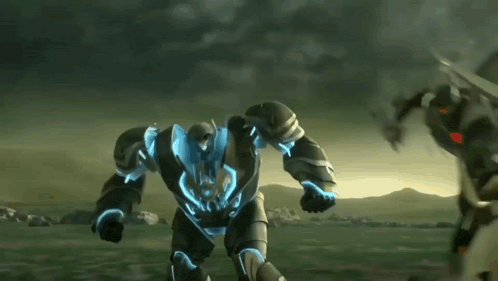 a robot is standing in a field with a bird flying in the background .
