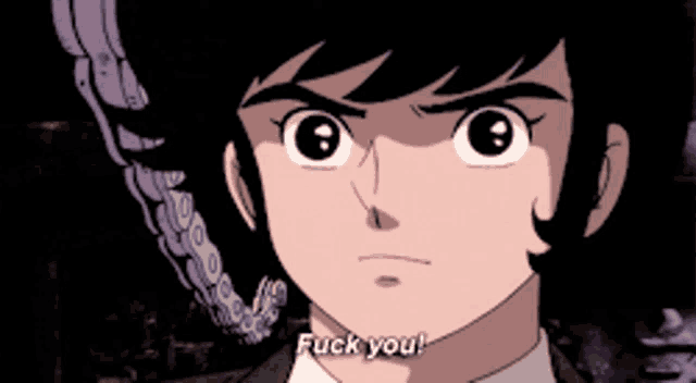 a cartoon character is saying " fuck you " in a dark room