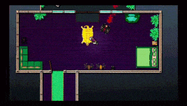 a video game shows a man sitting on a purple carpet