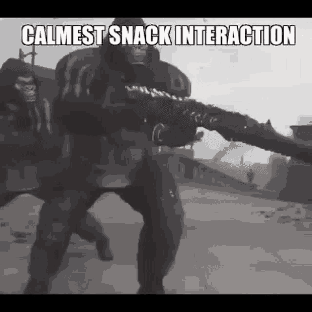 a black and white photo of a man holding a gun with the words `` calmest snack interaction '' written above him .