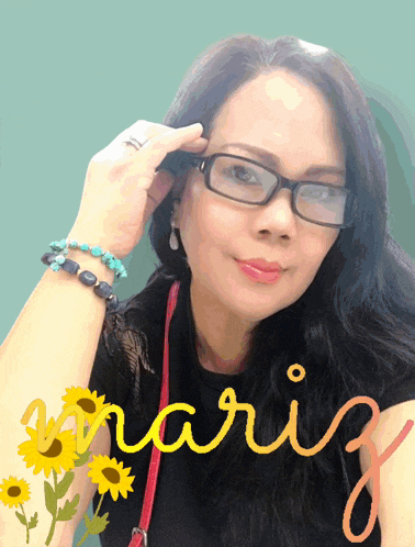 a woman wearing glasses and a black shirt has the name mariz written in yellow letters