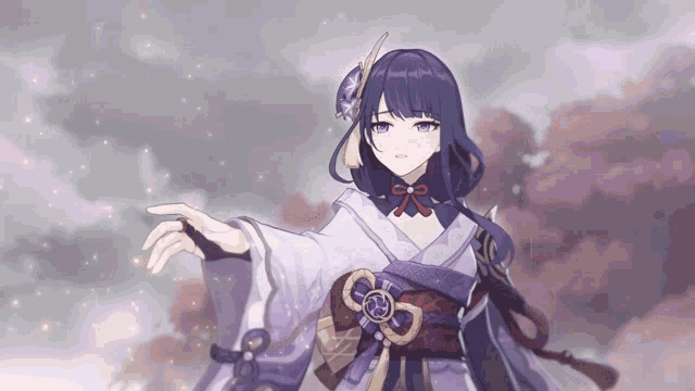a purple haired anime girl in a kimono stands in front of a cloudy sky