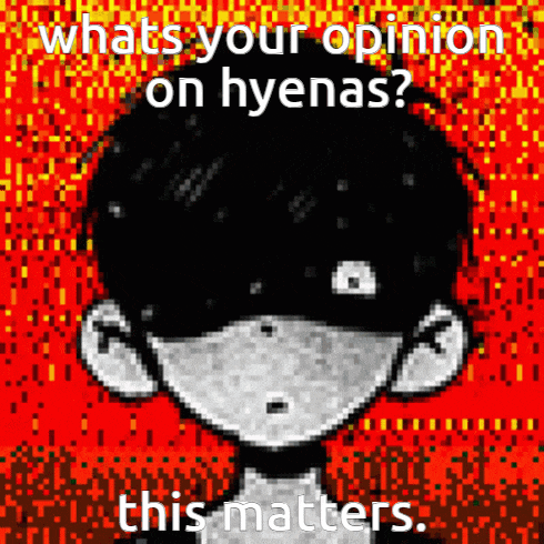 a pixel art of a boy with the words " whats your opinion on hyenas this matters "