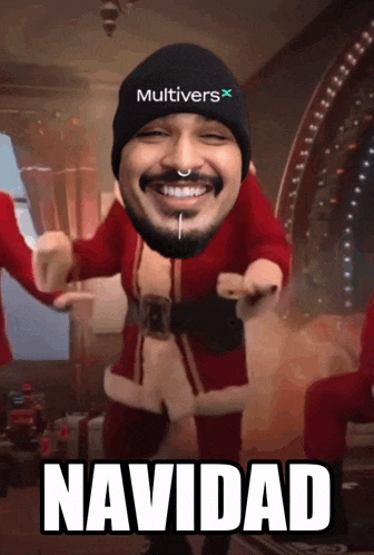 a man in a santa suit is wearing a beanie that says multivers