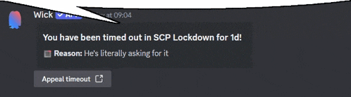 a screenshot of a message from wick that says you have been timed out in scp lockdown for 1d!