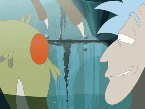 a cartoon of rick and morty looking at a frog
