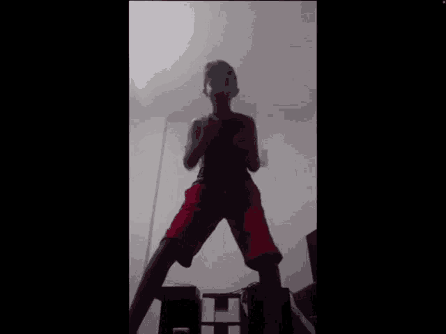 a young boy is standing on a stool in a dark room .