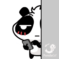 a cartoon panda bear holding a cell phone behind a wall