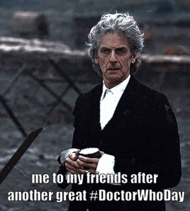 a man in a suit is holding a cup of coffee with a caption that says me to my friends after another great #doctor whoday
