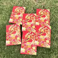 a group of red envelopes with dragons on them are sitting on a lush green field .