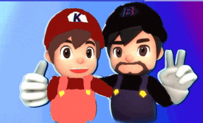 two cartoon characters with one wearing a red hat with k on it