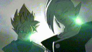 a couple of anime characters with green eyes are standing next to each other .