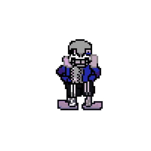 a pixel art drawing of a skeleton with a red and blue ribbon around his neck .