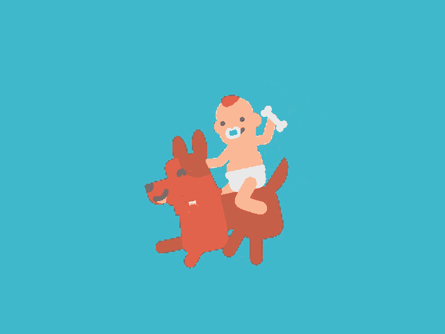 a baby is riding on the back of a dog while holding a bone