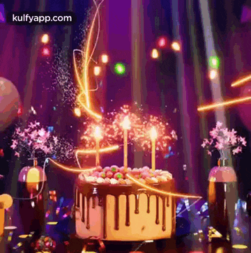 a birthday cake with candles on it is on a table with balloons and flowers .