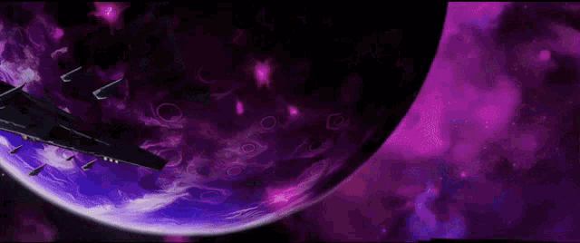 a purple planet is surrounded by a black ship