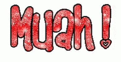 the word muah is written in red glitter and has a heart in the middle .
