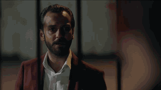 a man with a beard wearing a maroon suit and white shirt